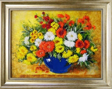 Букет хризантем в синей вазе