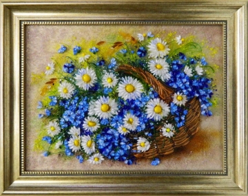 Картина из стекла «Васильки и ромашки в лукошке»