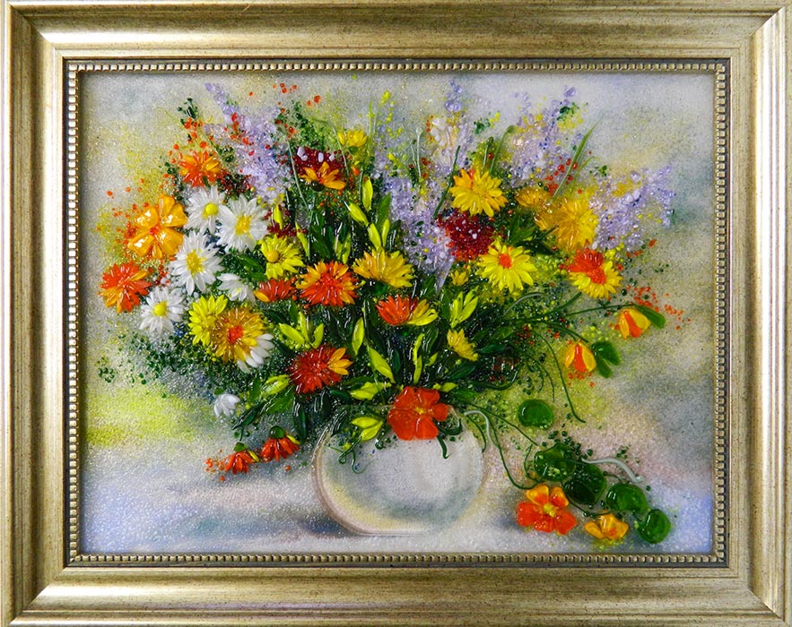 Картина из стекла «Натюрморт с красно оранжевыми хризантемами»