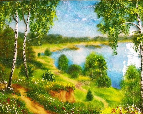 Картина из стекла «Пейзаж. Березки на берегу»