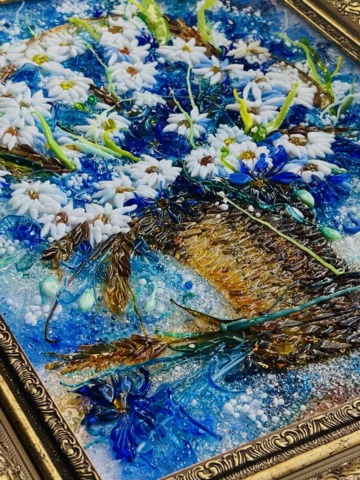 Картина из стекла «Васильки и ромашки»